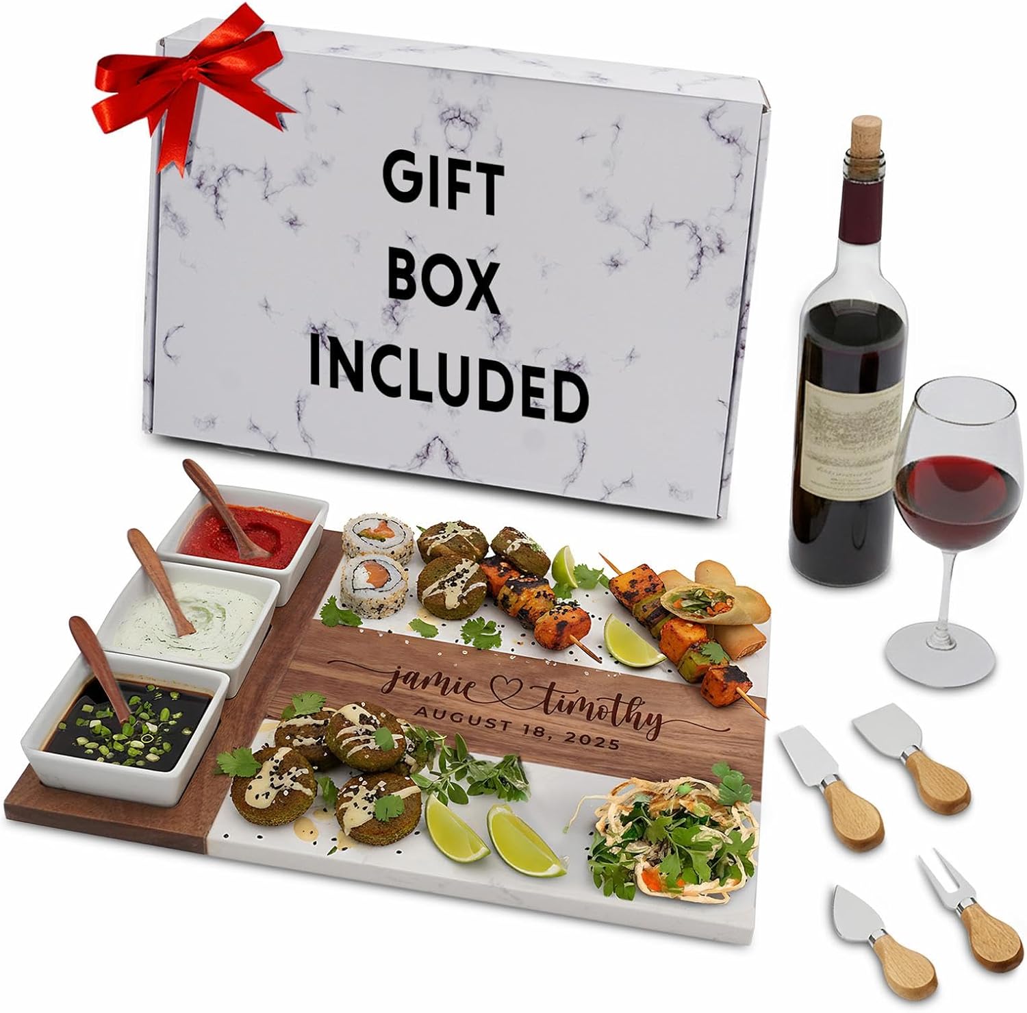 Personalized Marble & Acacia Wood Charcuterie Board Set with Knife, Bowls & Spoons - Custom Laser Engraved Wedding Gift