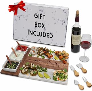 Personalized Marble & Acacia Wood Charcuterie Board Set with Knife, Bowls & Spoons - Custom Laser Engraved Wedding Gift