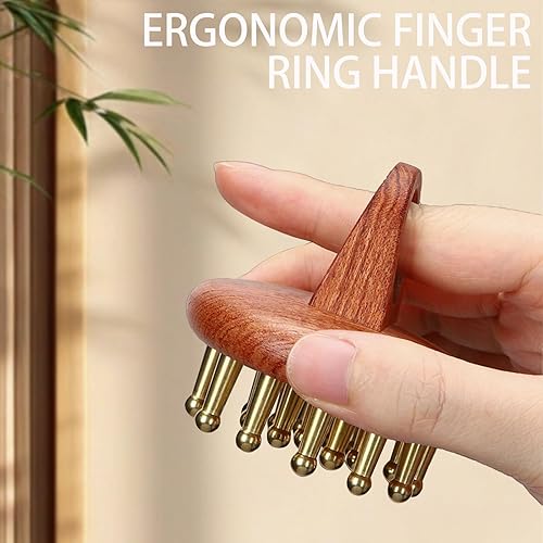 Vista 4 de Tizee Cepillo de presión de meridiano de madera de latón, masajeador de cuero cabelludo para cuidado del cabello, alivio de fatiga y masaje