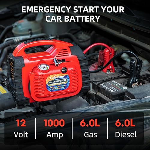 Miniatura 2 de Arrancador con compresor de aire, batería de coche de 260PSI 1000A (6.0 gas6.0L diesel), 12 V arrancador de coche portátil con inflador de neumáticos