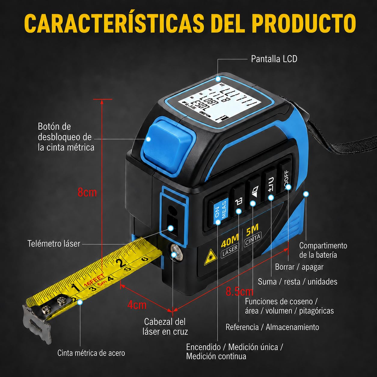 Cinta Métrica Laser 4 en 1, Medidor Laser Distancia 40m y Cinta Metrica 5m, Línea Cruzada de 16m y Trípode, Metro Digital para Bricolaje y Decoración del Hogar