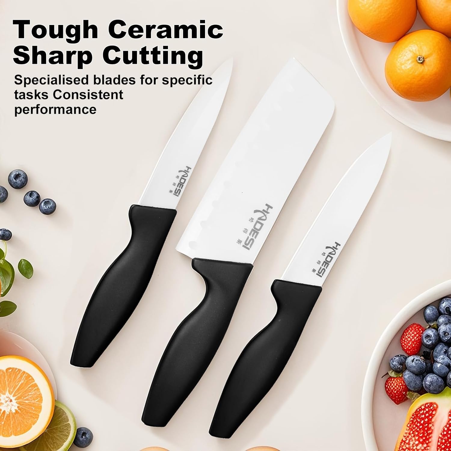 Kitchen Knife Sets - 6 Piece Ceramic Knife - Knife Block Set with Knives - Kitchen Knives with Ceramic Blade (Paring,Utility,Fruit,Vegetable)（Black）