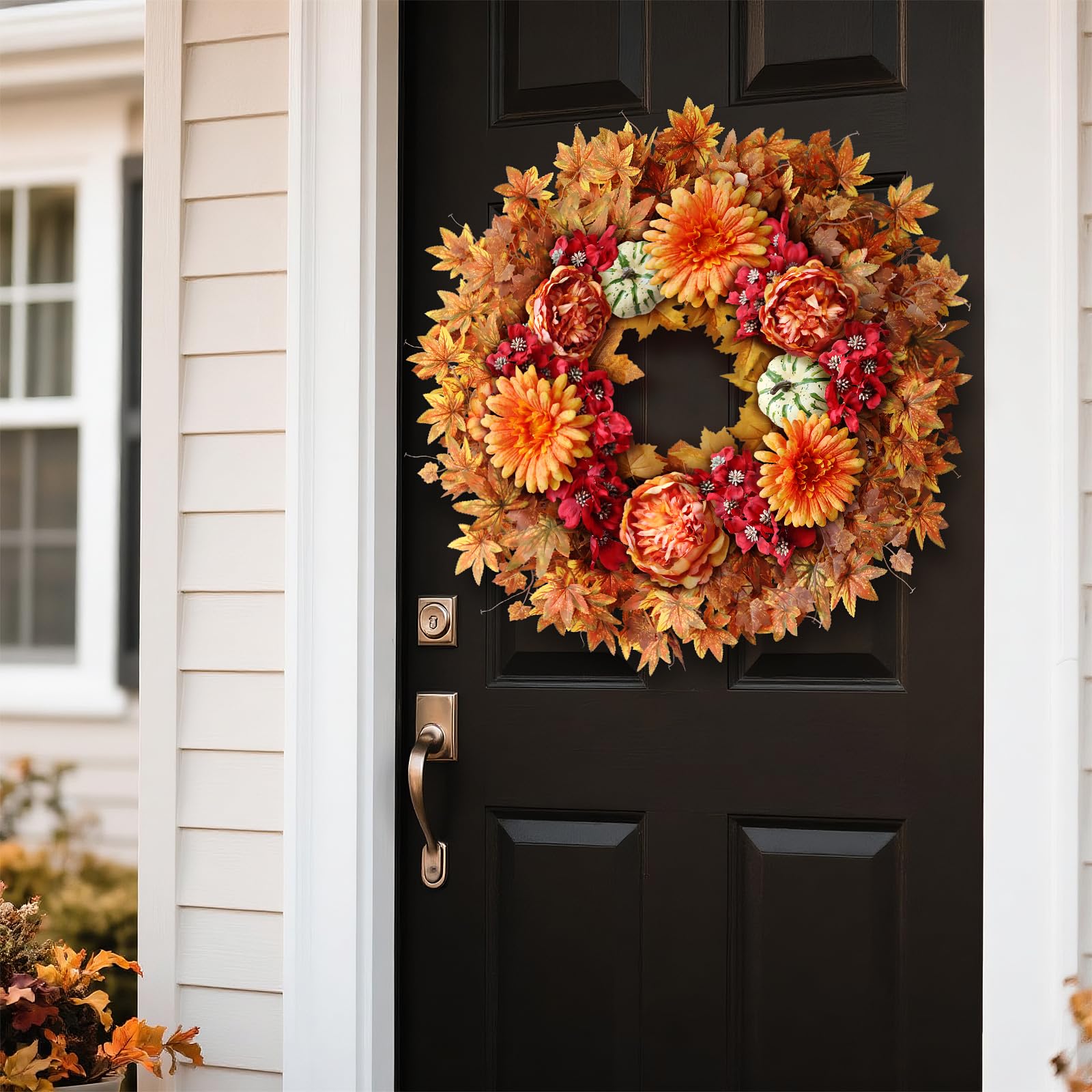 Couronne d'automne de 66 cm pour porte d'entrée – Grandes feuilles d'érable artificielles en soie synthétique – Couronne d'extérieur pour porche, fenêtre, ferme, maison, Thanksgiving, festival