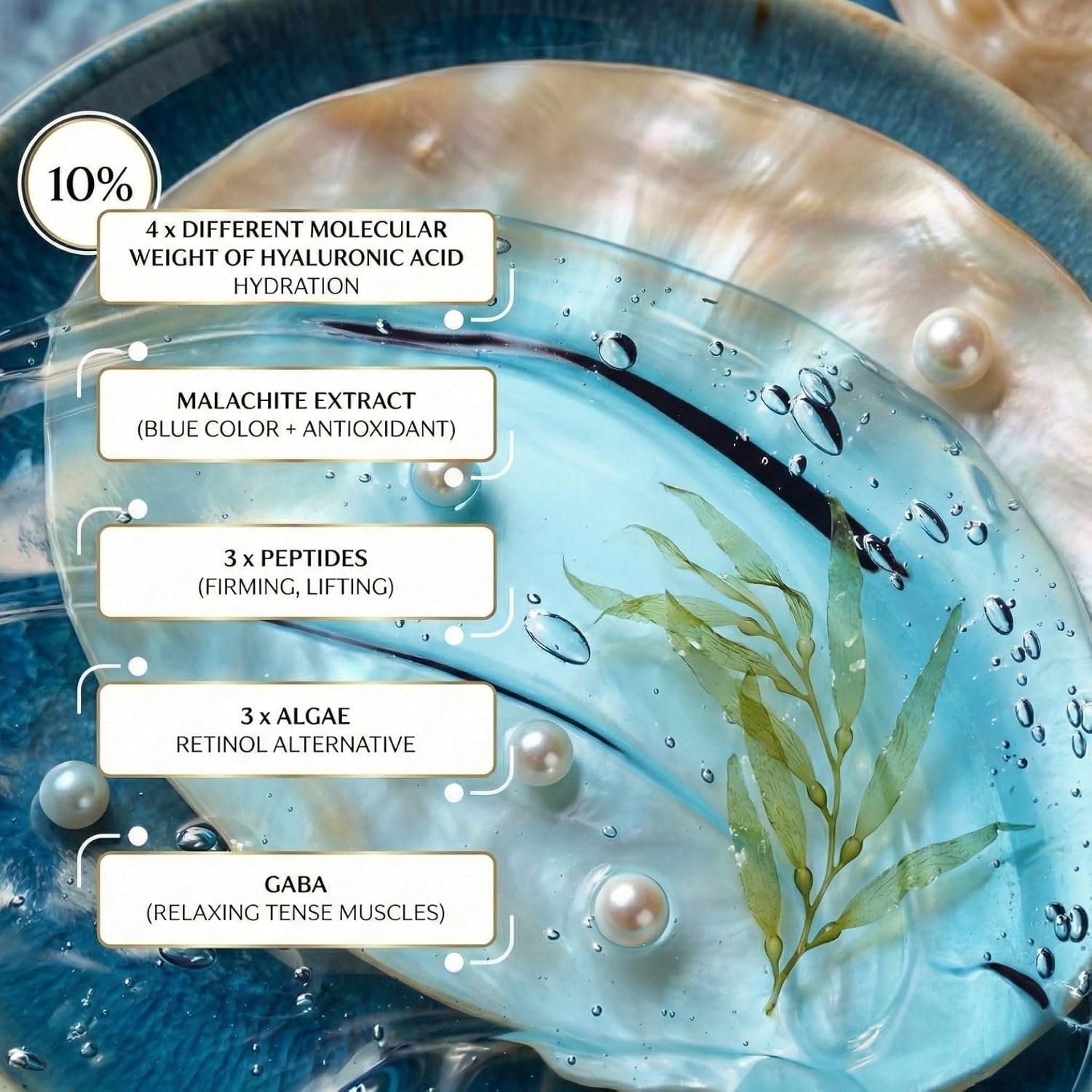 YUNASENCE BLU’MARINE Pacific – 4D Pro-Collagen Re-Hydration Elixir, with Malachite Extract, 4D Hyaluronic Acid 10%, GABA & Peptides. With blue light protection. For Plump, Radiant, Firm Skin.