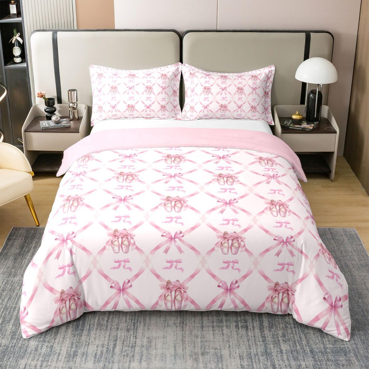 Cute Pink Ballet Bow Duvet Cover 100% Cotton King Size Princess Bowknot Bedding Set for Boys Girls Ribbon Bow Knot Comforter Cover Bedroom Decor 3Pcs No Comforter 2 Pillowcase