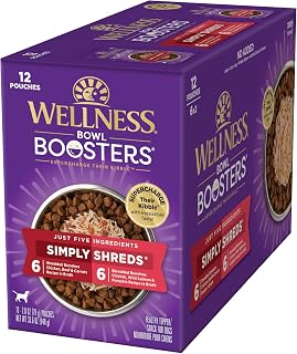 Wellness Simply Shreds Grain-Free Chicken Wet Dog Food Topper, Natural Bowl Boosters for All Breeds, 2.8oz Pouches (12-Pack)