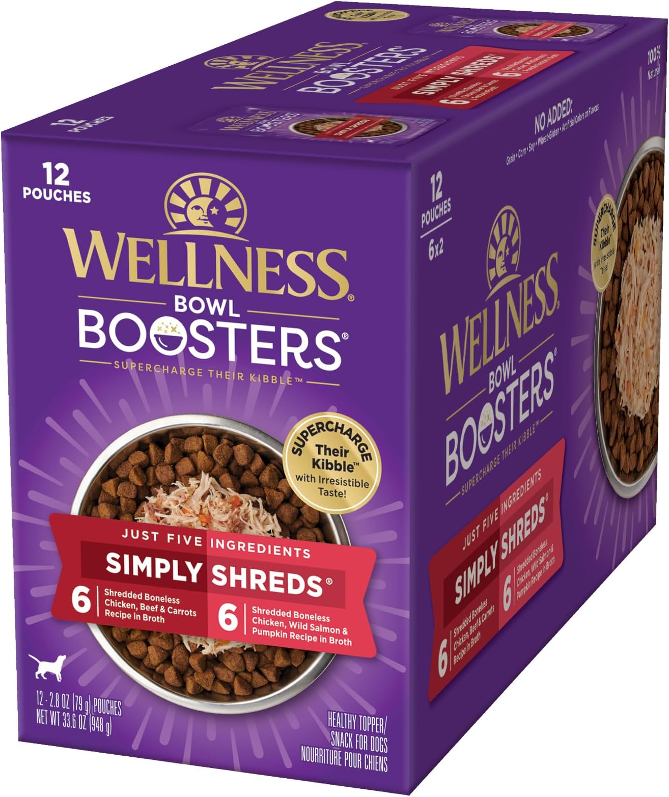 Wellness Bowl Boosters Simply Shreds Variety Pack Wet Dog Food Topper for Small, Medium, and Large Breeds, Grain Free, Natural, Chicken Recipes, 2.8 oz, Pack of 12 Pouches