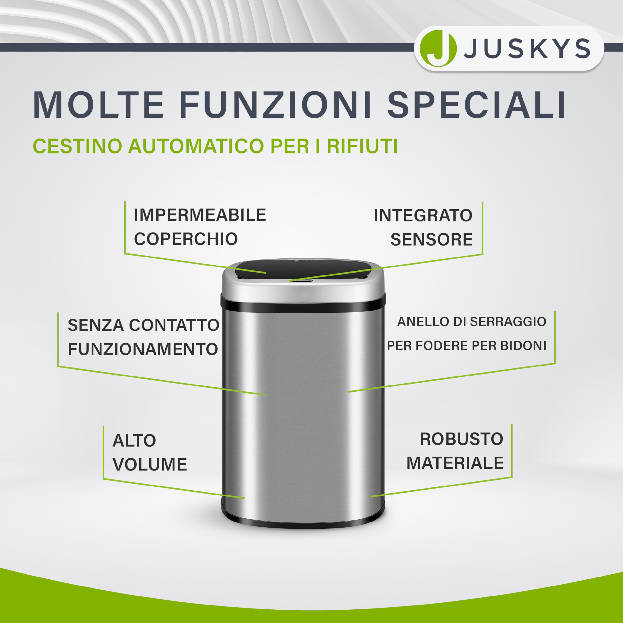 Juskys cestino elettrico e impermeabile da cucina con sensore di movimento, coperchio automatico, forma rettangolare - 50 L - Argento