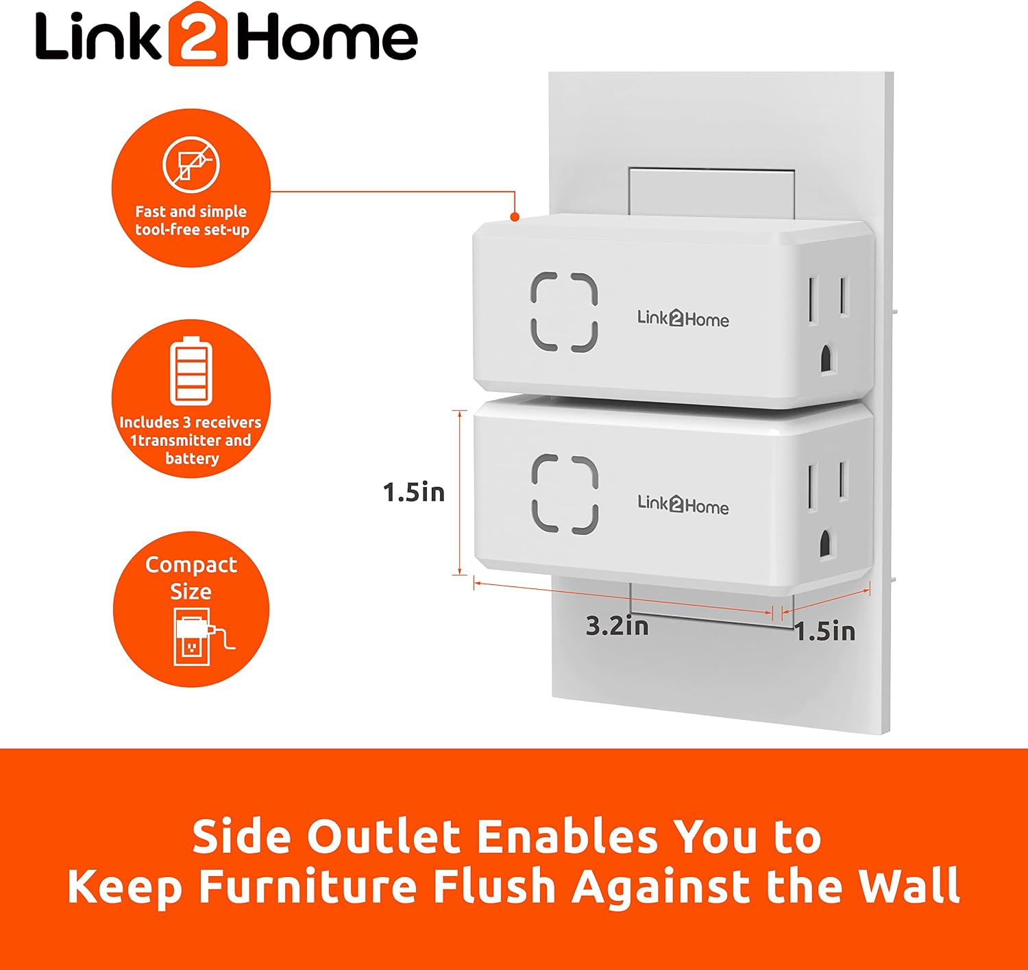 Link2Home Wireless Remote Control Outlet Light Switch, Countdown Timer and Random Function, 100 ft range.