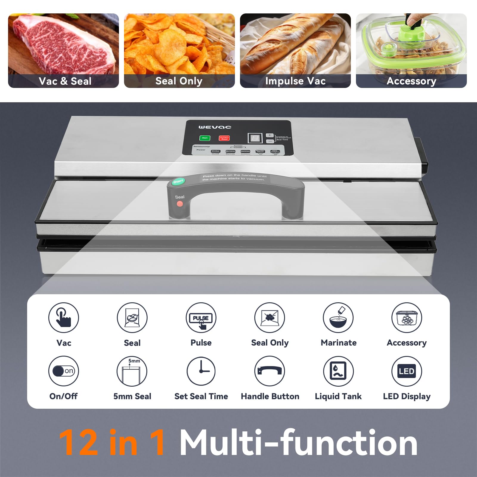Wevac Machine à emballer sous vide alimentaire 95 kPa 550 W Puissante opération à une main Machine d'emballage sous vide 12 en 1 avec réservoir de liquide pour commerce ou ménage
