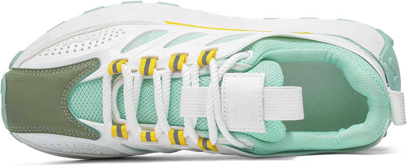 Men's Athletic Running Shoes, White and Mint Green with Yellow Accents, Mesh Upper, Trail Sneakers