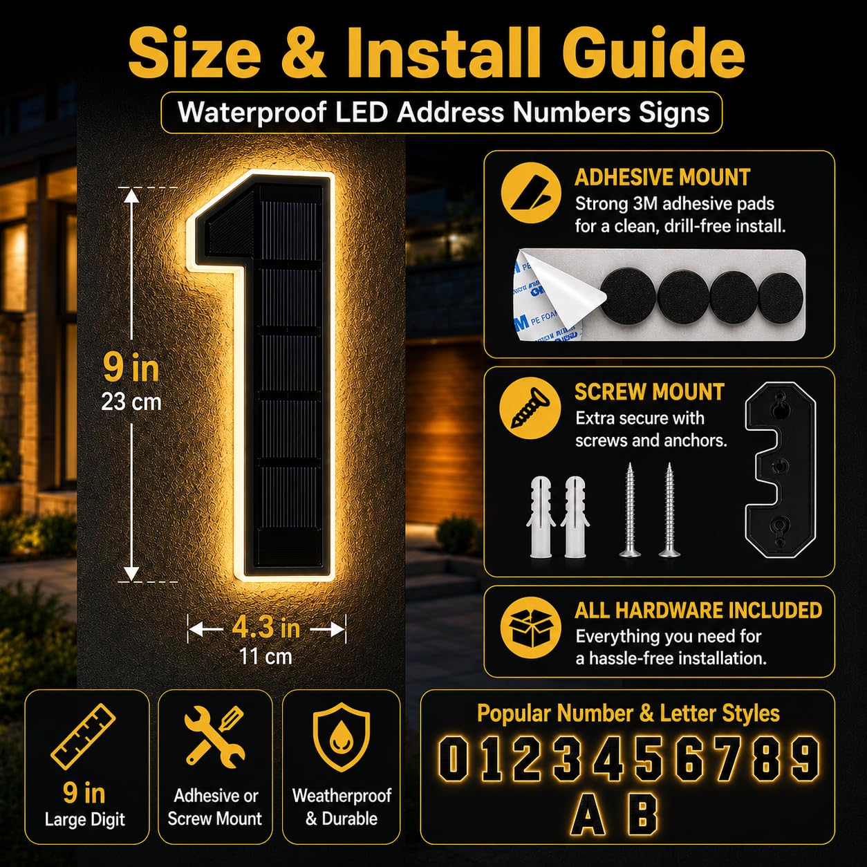 Señal de número de casa solar de 9 pulgadas para exterior, señales de números de dirección LED impermeables grandes, para visibilidad nocturna exterior 7
