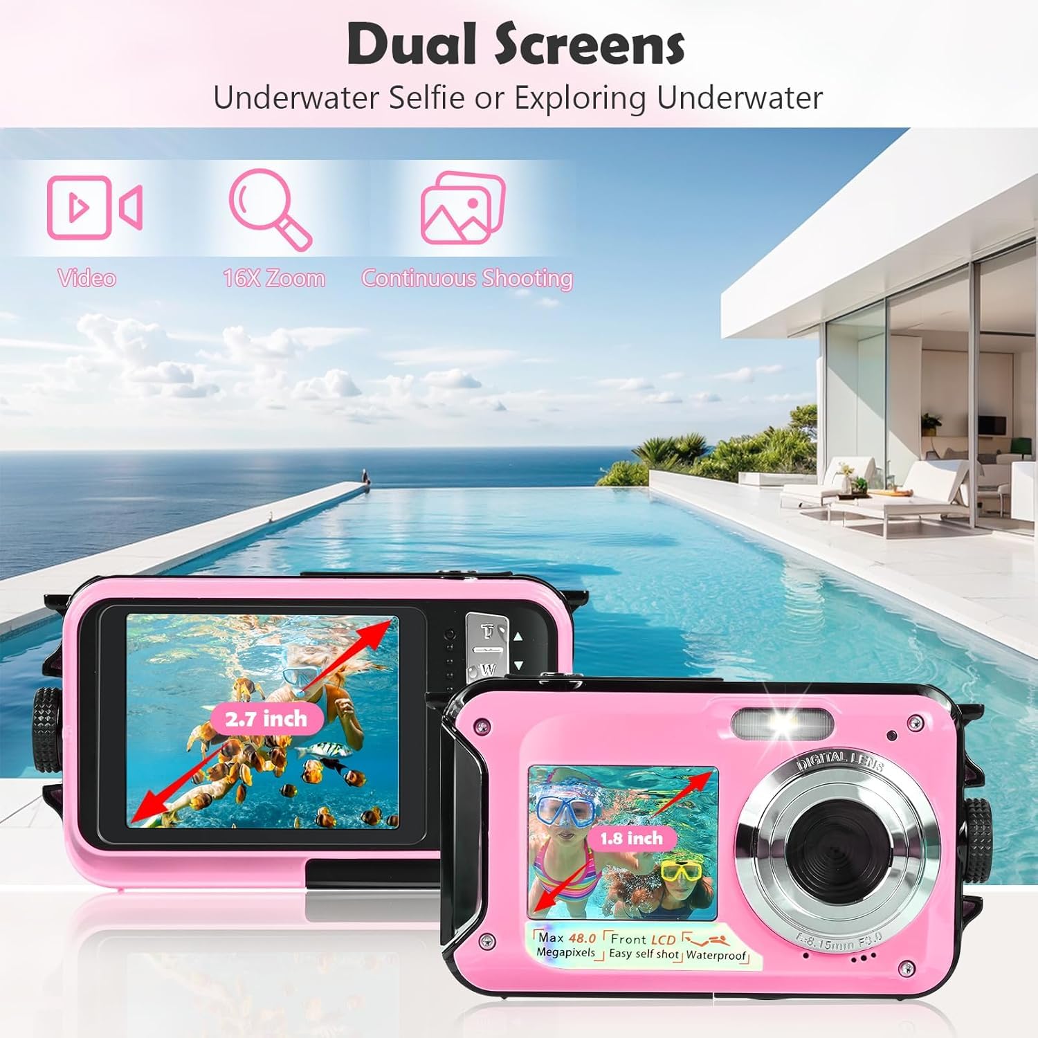 Fotocamera subacquea Comius Sharp, fotocamera subacquea, snorkeling, foto da 3 MP, fotocamera digitale FHD, impermeabile, con scheda di memoria 32 G, per autoscatto subacqueo, surf, immersioni, rosa