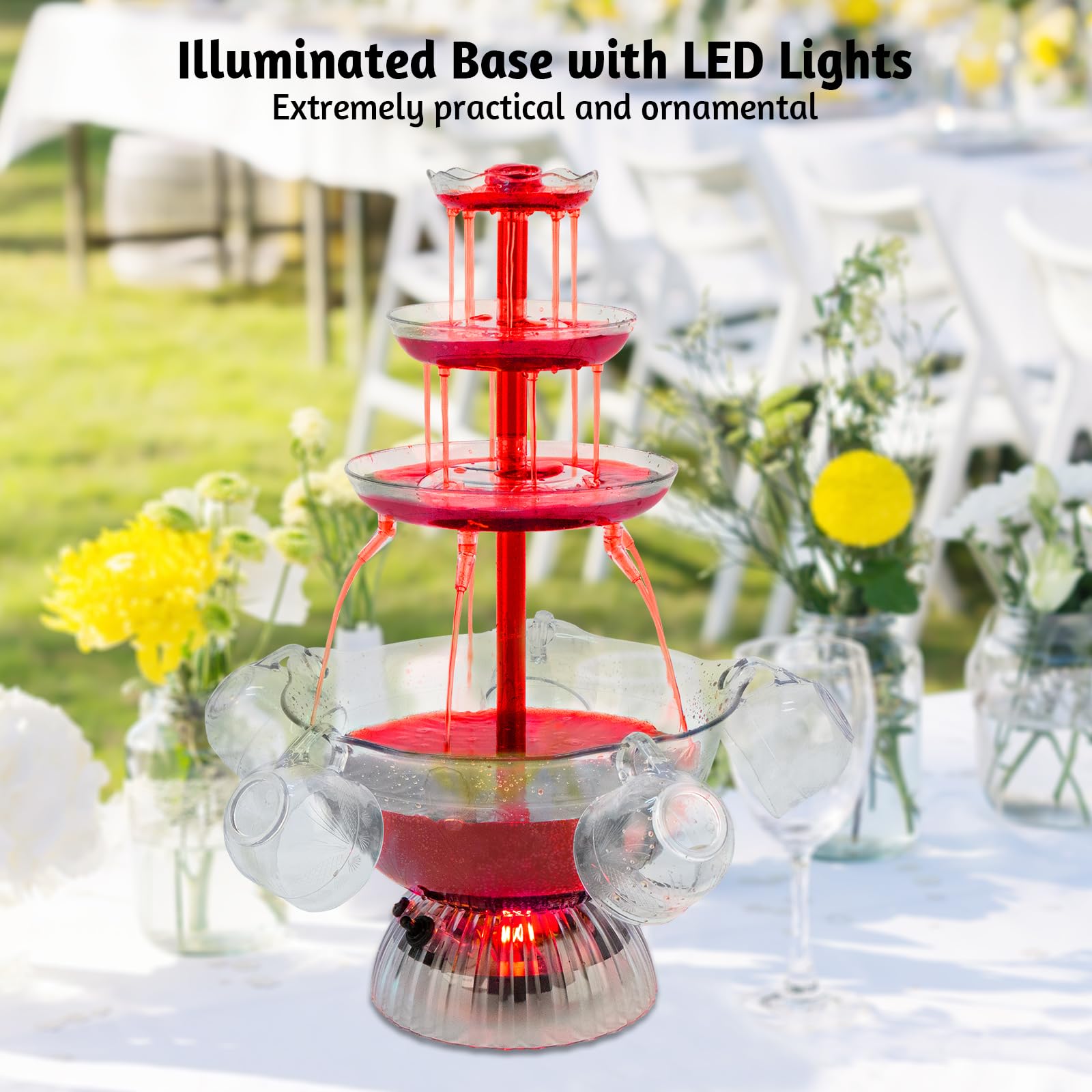 Fontaine de fête transparente à 3 niveaux, fontaine de fête à vin rouge avec 5 tasses pour boissons au vin liquide, base éclairée par LED, placement stable, pour jeux à boire, bar, fête d'anniversaire