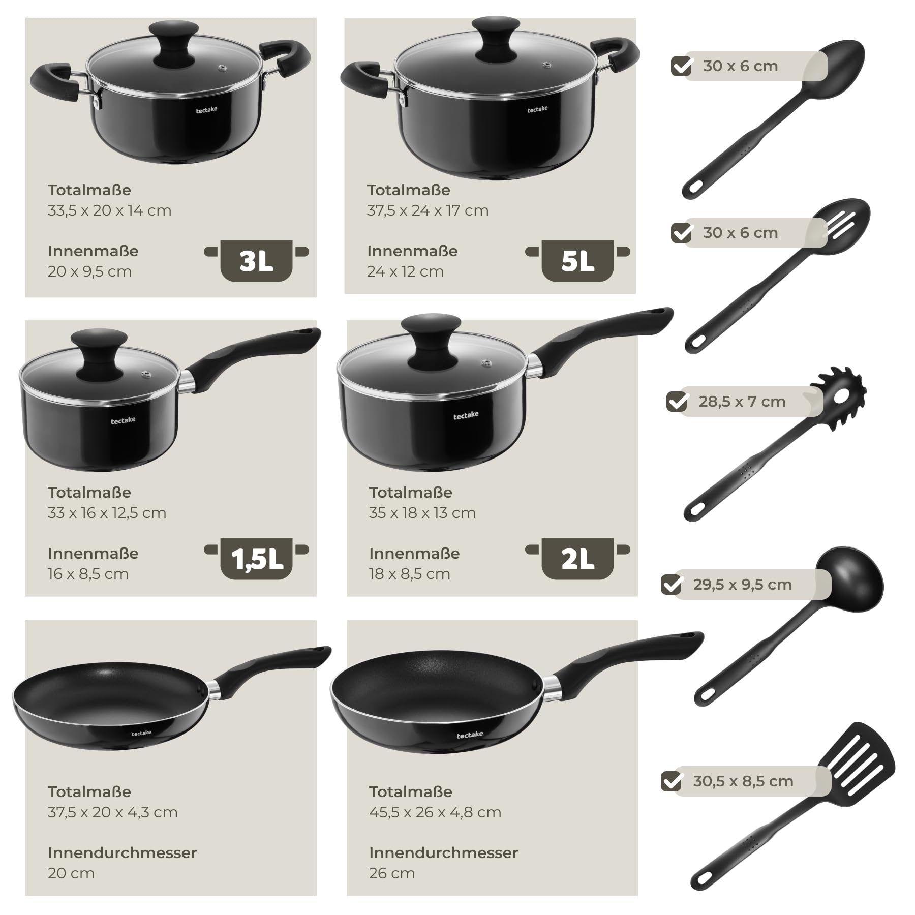 tectake® 15tlg Set mit 5x Küchenhelfer, 2x Pfanne, 4x Topf, jeweils mit Deckel, Kochtopf Set Antihaft Beschichtung, Töpfe + Pfannen aus Aluminium, Zubehör für Haushalt, Camping und Küche