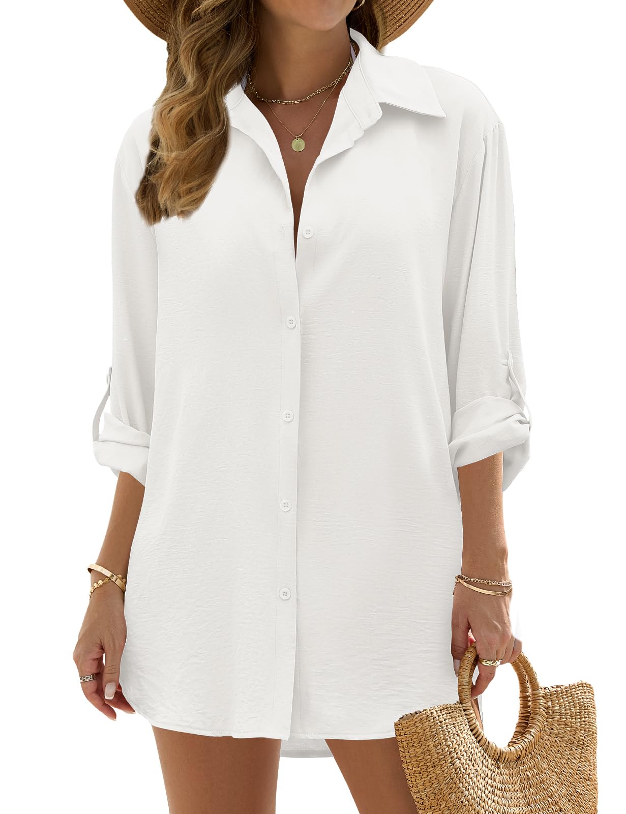 UMIPUBO Vestido Playa Mujer Camisa Suelto de Bikini Cover Up Camisas de Manga Larga Blusa con Botón para Verano Ropa Playa Verano Camisolas y Pareos