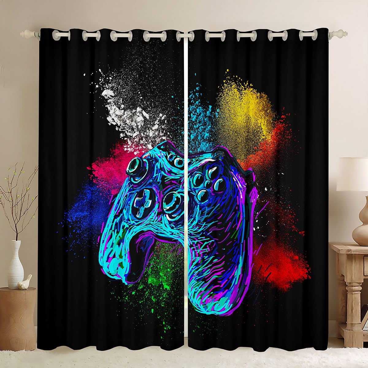 Loussiesd Kids Gamepad Window Treatments Game Controller Window Drapes Modern Gamer Curtain For Kids Adults Gaming Console Colorful Tie Dye Window Curtain Ultra Soft Room Decor W46*L72 โ image 1