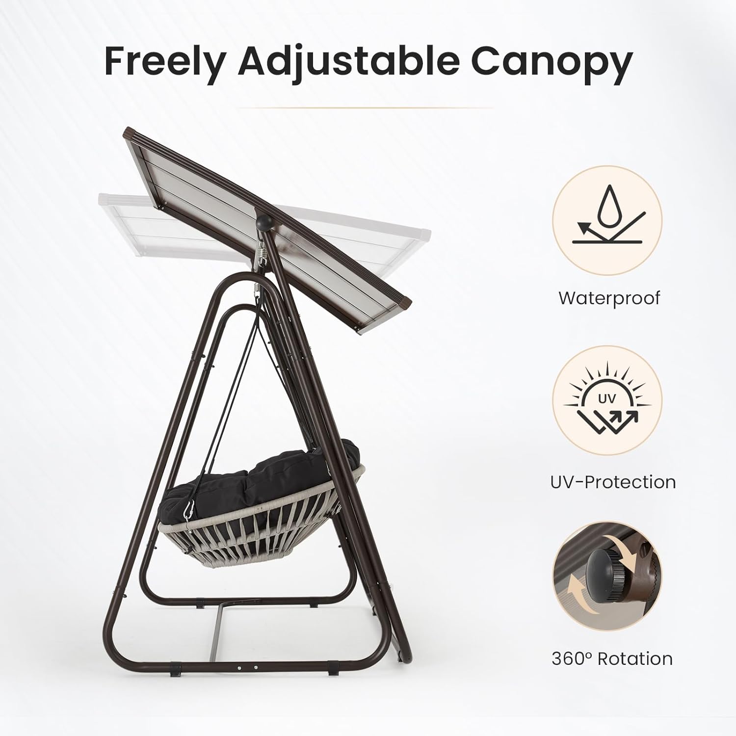 2-Seat Outdoor Patio Porch Swing with Polycarbonate (PC) Canopy, All-Weather Outdoor Swing Chair with 4.7" Thick Cushion and Hand-Woven Rope, Heavy Duty Steel Frame for Patio, Garden, Black