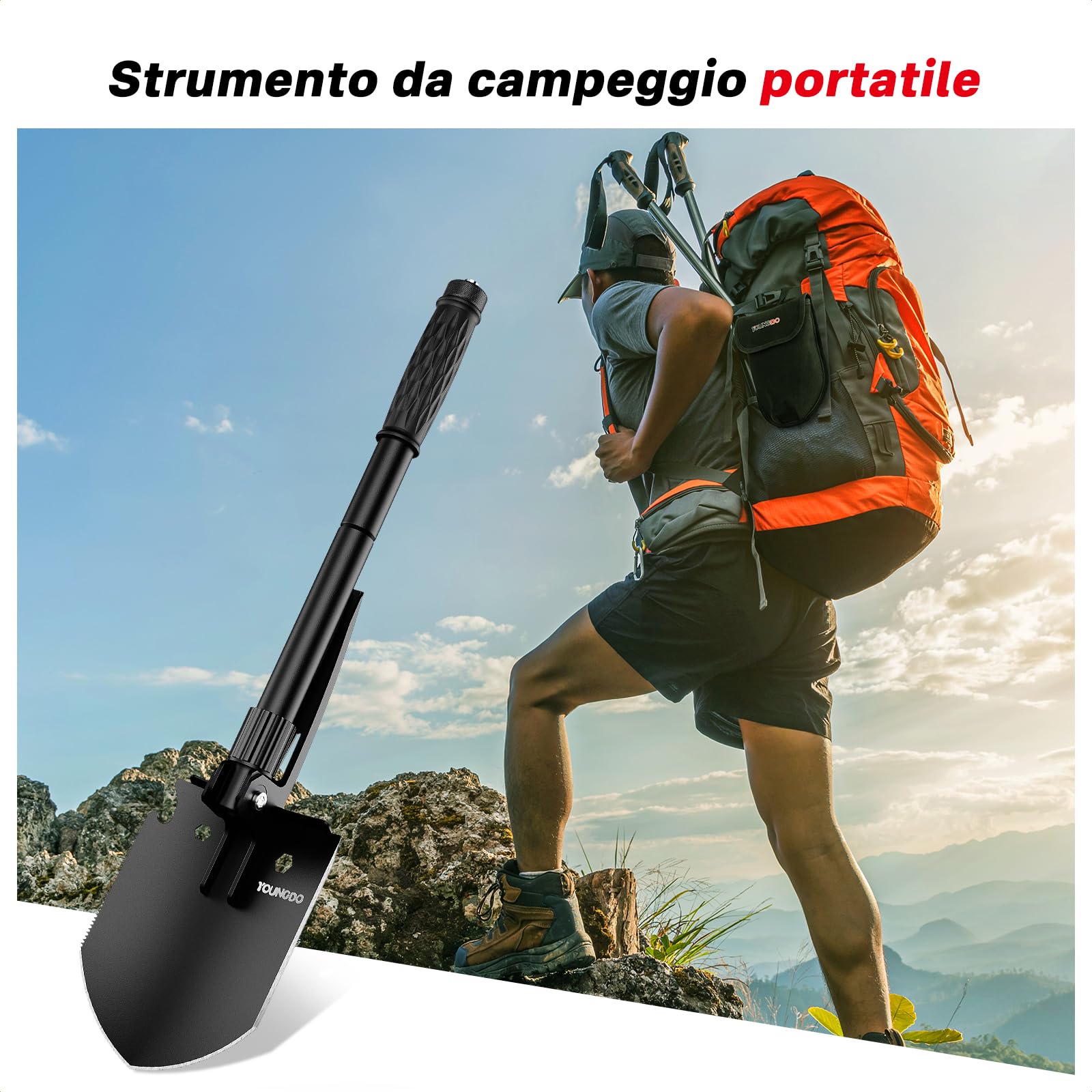 YOUNGDO Pala pieghevole, 10 funzioni, pala pieghevole multifunzionale, facile da trasportare, in lega di acciaio inossidabile, pala rimovibile per sopravvivenza, pala da neve, giardino, campeggio