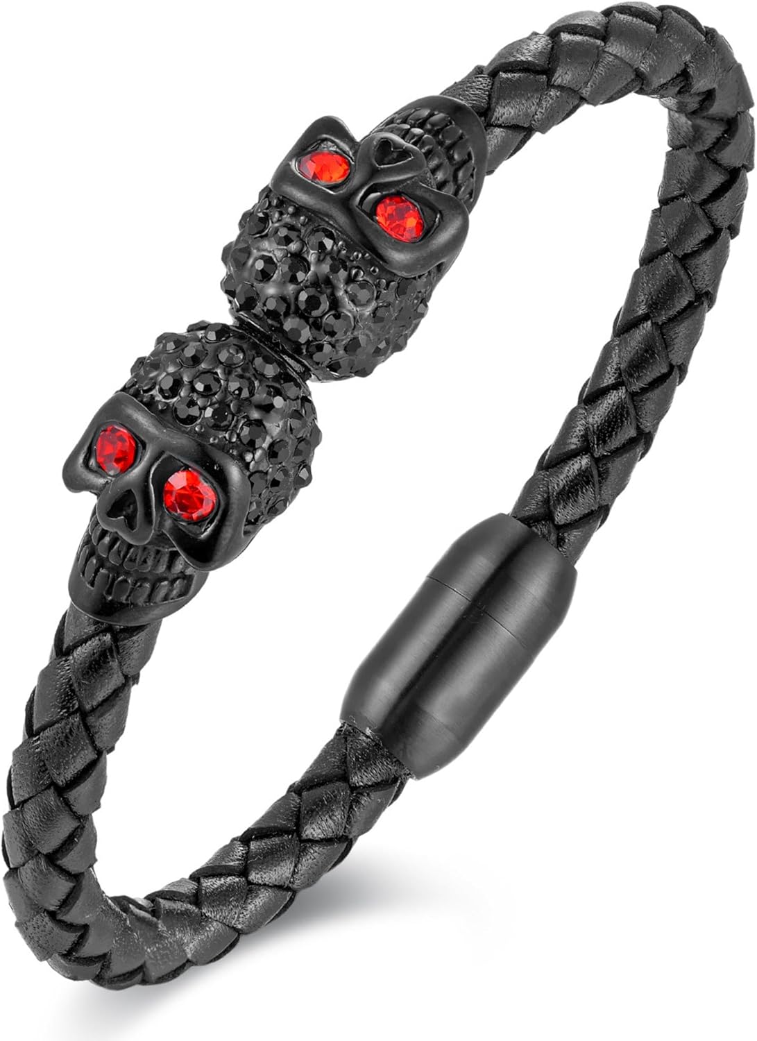 YL Mens Skull Ruby Leather Bracelet, 18K Gold/Black Rhodium Plated Double Skeleton Red CZ Cuff Stainless Steel Handcrafted Jewelry Gifts