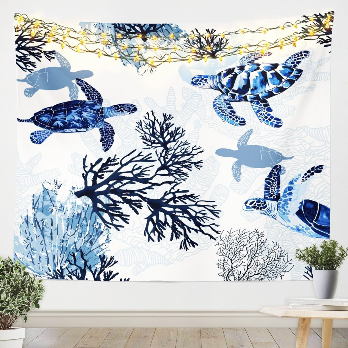 Sea Turtle Tapestry Ocean Animals Marine Life Wall Hanging Art,White Blue Sea Hawaiian Ocean Beach Tapestries Bed Tapestry Wall for Home Headboard Bedroom Living Room Dorm Decor in 71x92 Inches