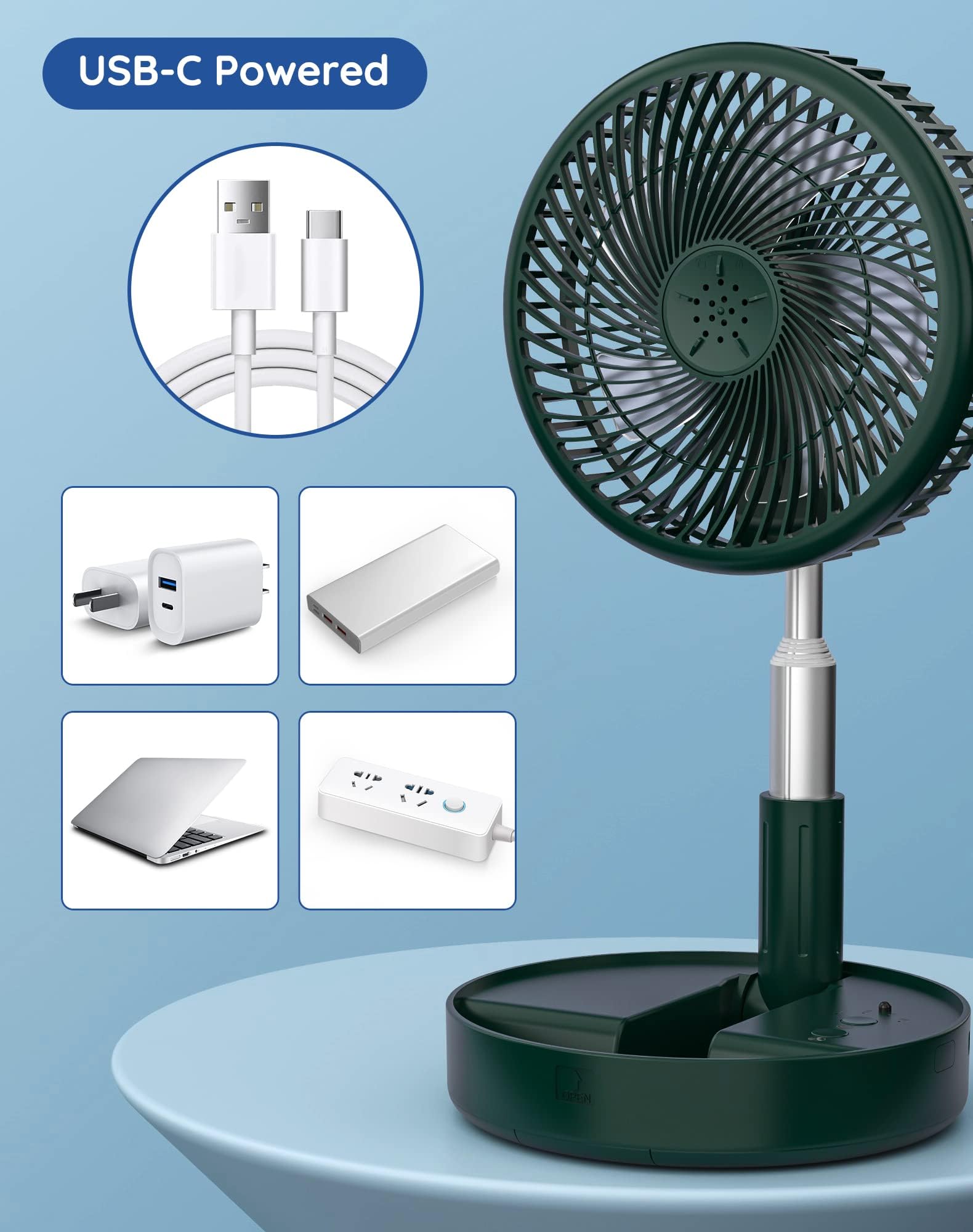 Ventilatore ricaricabile portatile, 7200mAh a batteria con telecomando | Ventilatore da tavolo pieghevole, 6-21 ore, 4 velocità, per viaggi, campeggio, crociera, camera da letto, verde, 19,6 cm