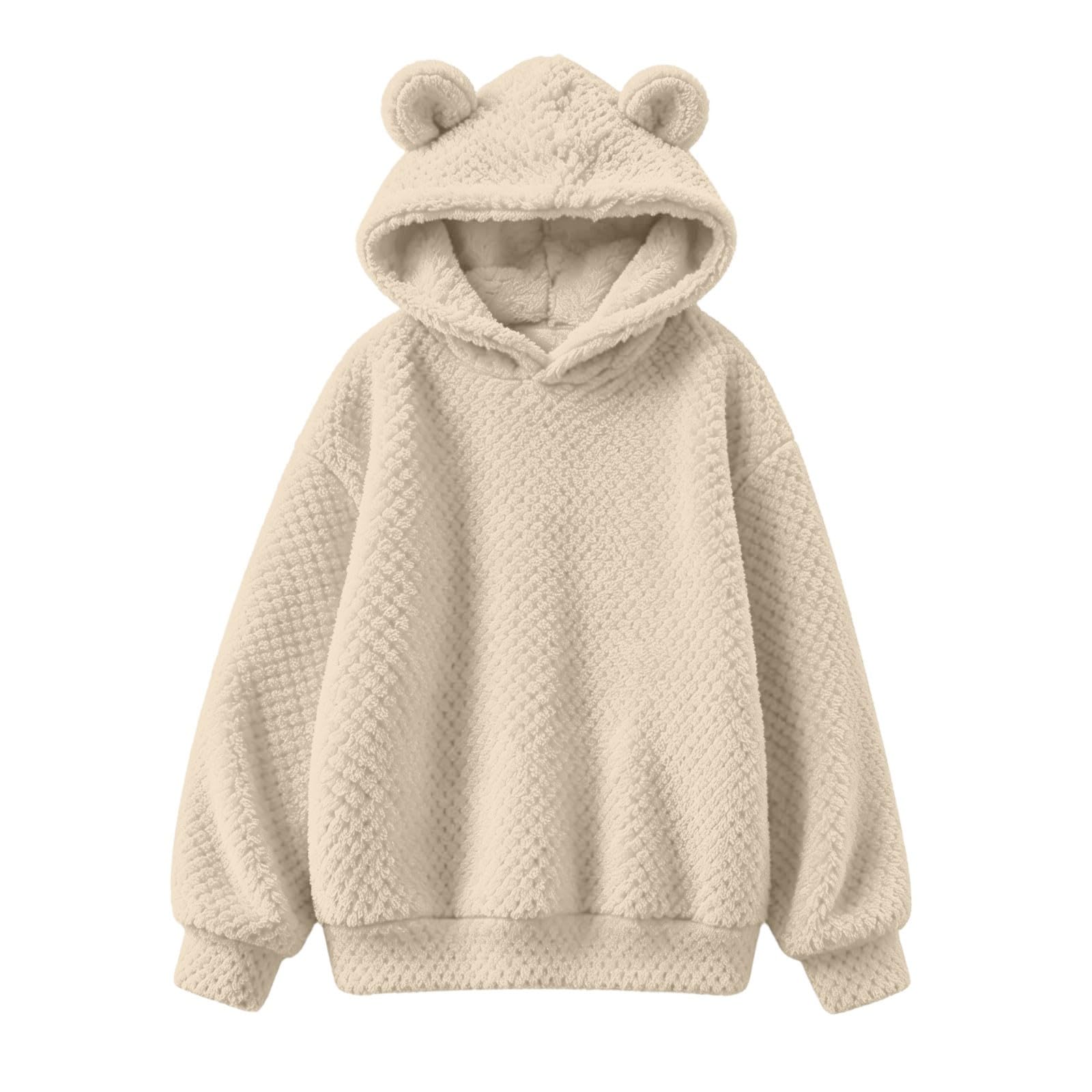 Women's Fleece Hoodie Cute Bear Ears Oversized Casual Warm Plush Pullover