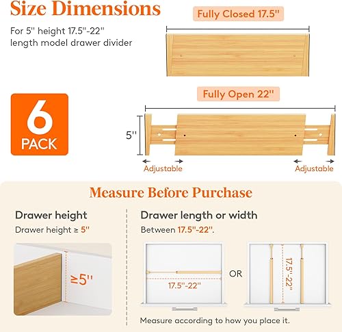 Miniatura 2 de Lifewit Paquete de 6 separadores de cajones de bambú de 5 pulgadas de profundidad, organizadores de cajones expandibles de 17.5 a 22 pulgadas para