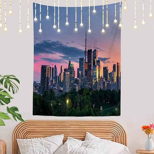 Miniatura 8 de Shrahala Tapiz de pared moderno dorado con diseño de ciudad, diseño de horizonte nocturno azul, decoración grande de fibra de poliéster, dobladillo