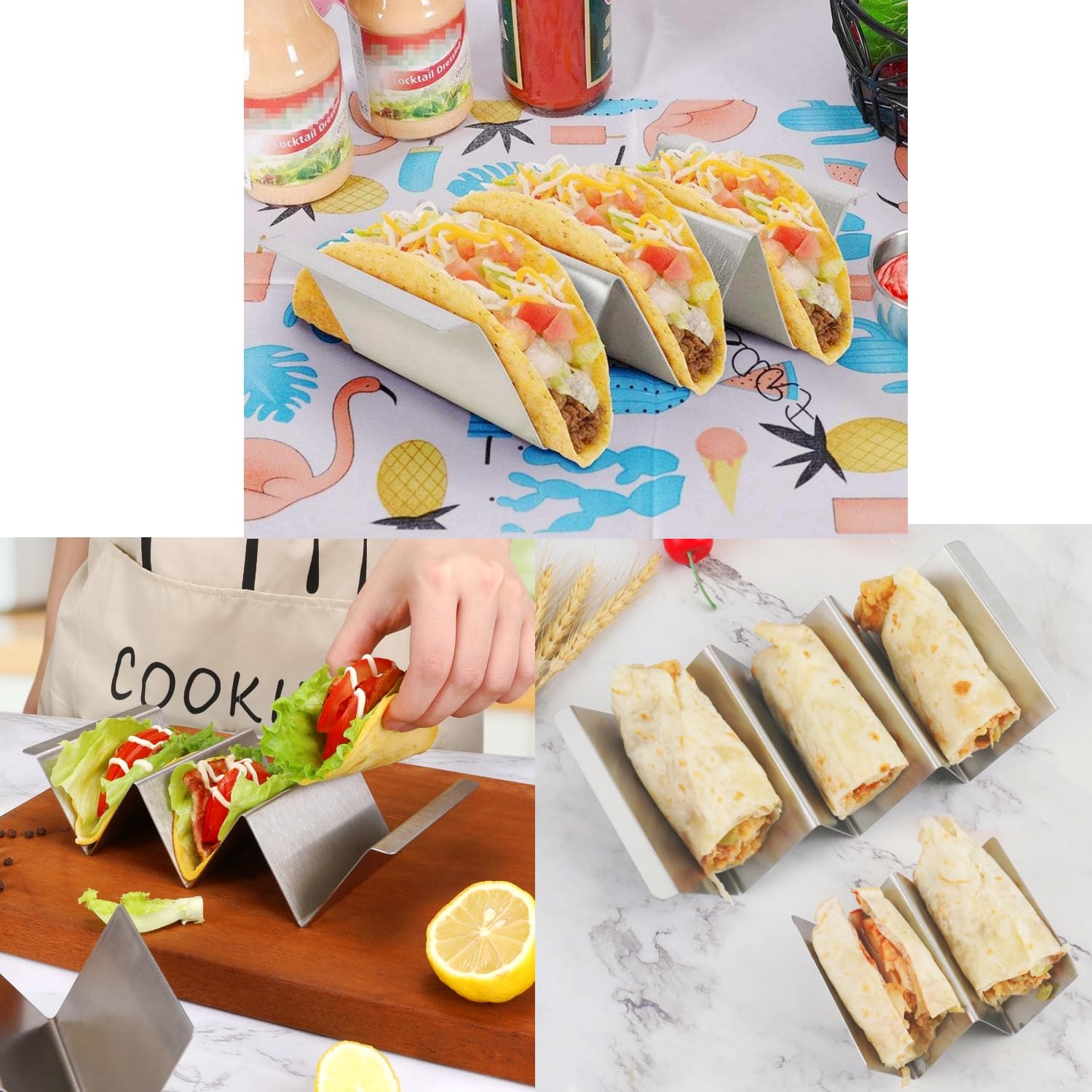Support à Tacos, 2 Supports à Tacos En Acier Inoxydable, Support Pour Aliments Mexicains Plateaux A Tacos Avec Poignees Peut Contenir 3 Ou 4 Tacos Pour Restaurant Maison Fete Pique Nique