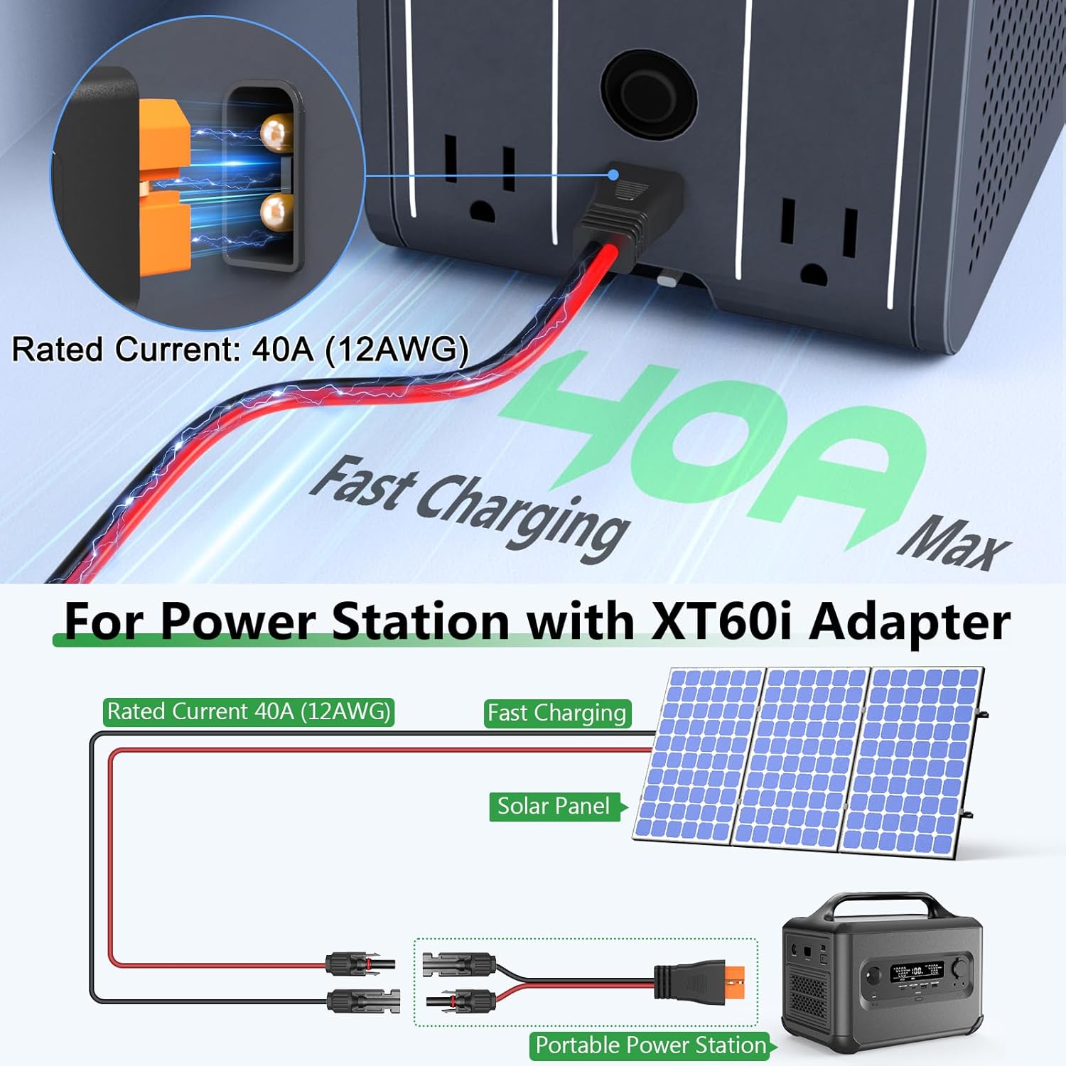 Solar to XT60i Extension Cable 12AWG 50FT XT60i Female to Male Connector for RV Foldable Solar Panel, Portable Power Station, Solar Generator
