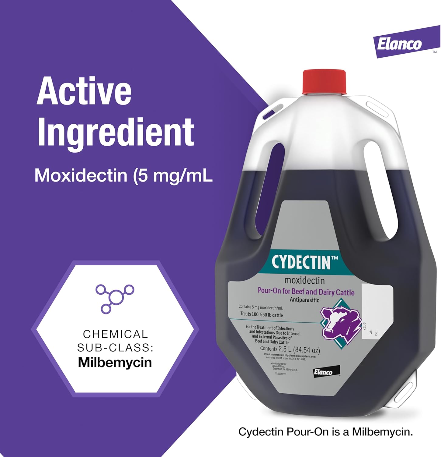 Elanco Cydectin Pour-On Cattle Parasiticide | Treats Worms, Flies, Lice, Grubs, and Mites | 2.5L Dewormer