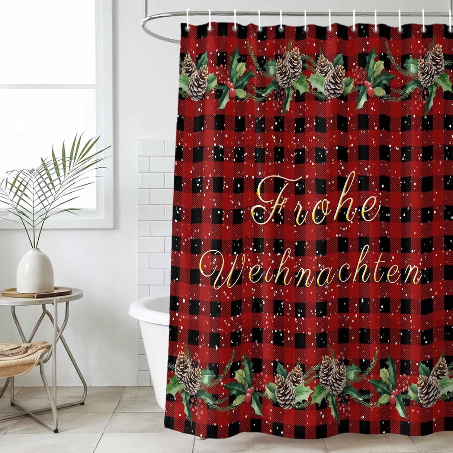 Merry Christmas Waterproof Shower Curtains Set - Long Shower Curtain 72 x 78 Inch, Red Black Plaid Winter Pine Cones Snowflake Fabric Bathroom Curtain with 12 Hooks, Bathroom Accessories