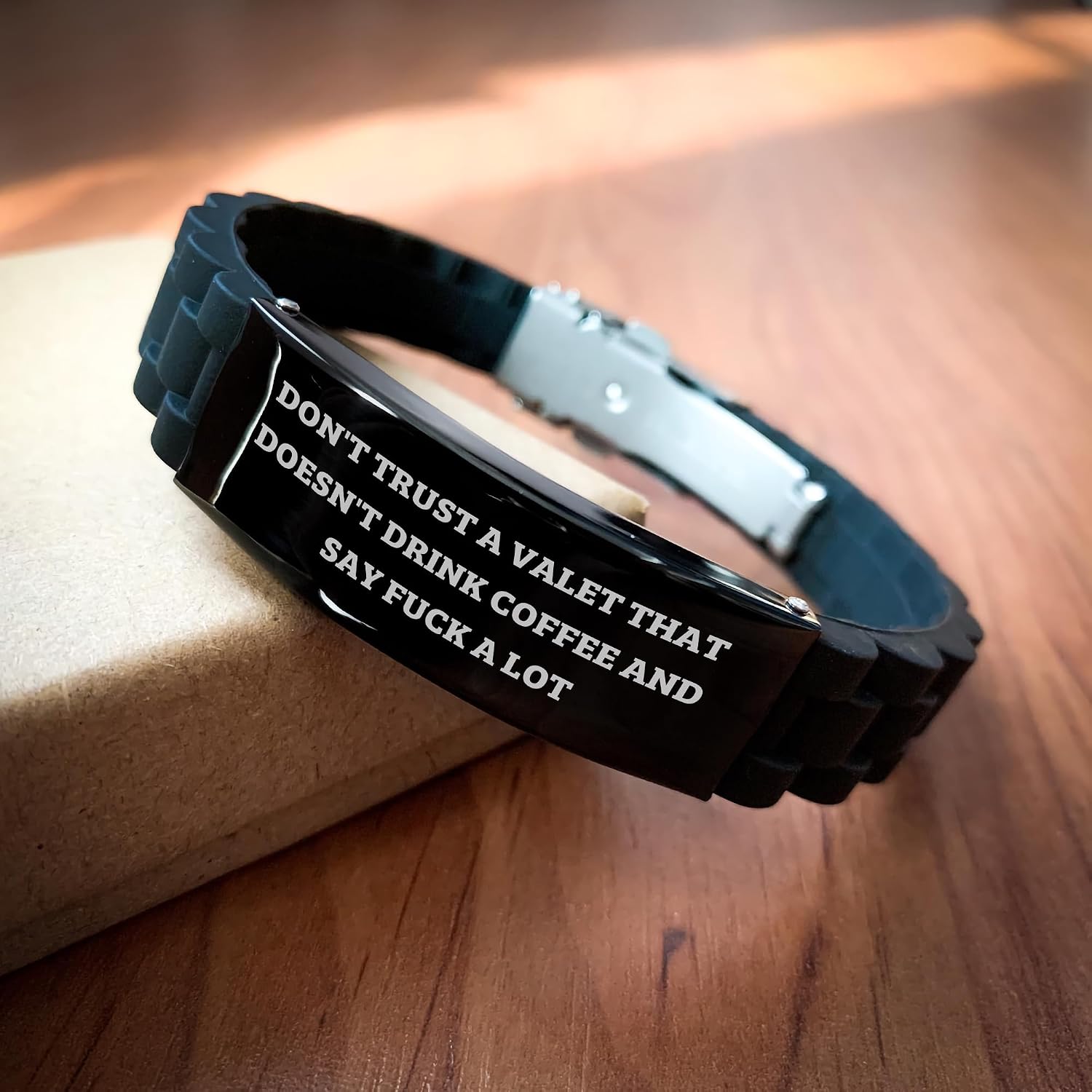 Valet Gifts from Friends to Say Funny Quotes, Glide lock Clasp Bracelet for Men, Christmas Unique Gifts for Him, Don't Trust a Valet That Doesn't Drink Coffee And Say F-k A Lot
