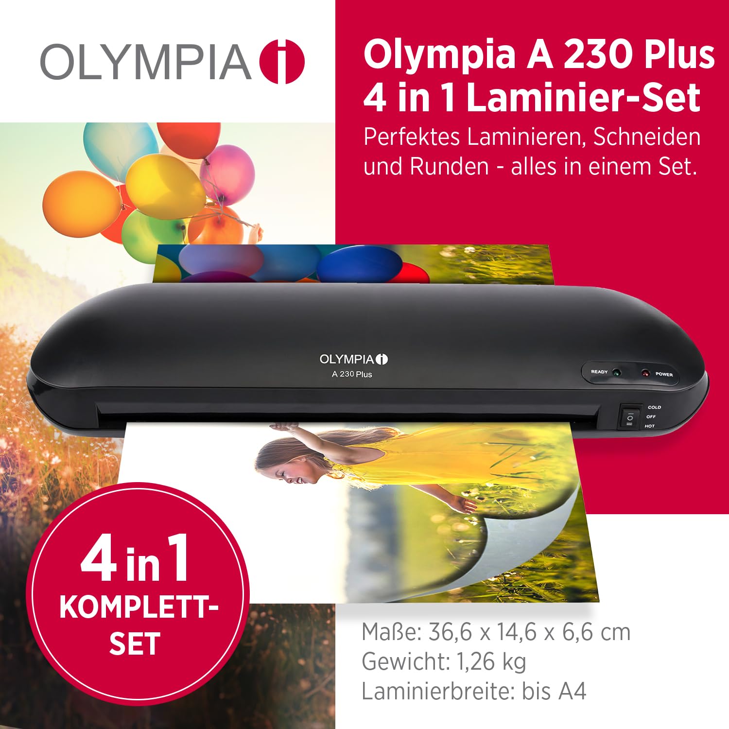 Olympia A 230 Plus zestaw do laminowania 4 w 1, laminowanie na gorąco i zimno, szybki czas nagrzewania, zestaw do laminowania z zaokrąglonymi narożnikami, przecinakiem do papieru i folią, idealny do