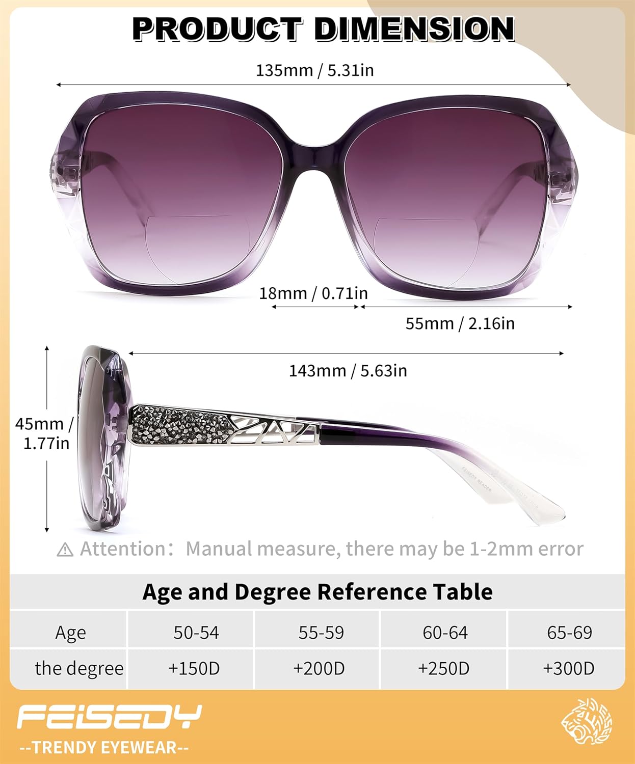 FEISEDY Bifocal Sunglasses Reader for Women, Oversized Butterfly Sun Readers with Blue Light Blocking UV400 Protection B0353