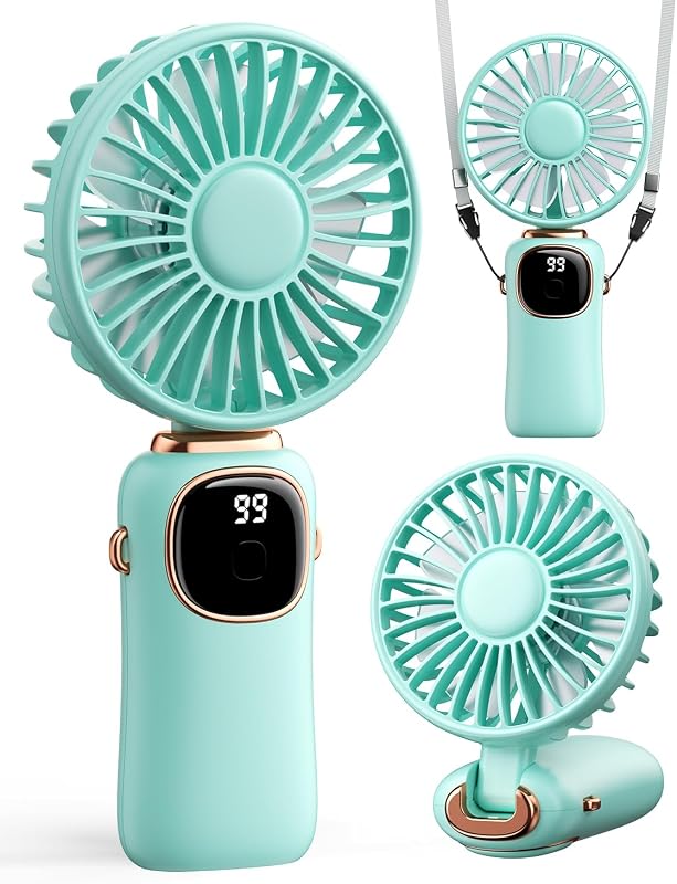 ColdSky Ventilador portátil de mano, ventilador con batería de 4000 mAh con pantalla LED, ventilador de mano/cuello/escritorio 3 en 1, ventilador de escritorio plegable de 90° con base, ventilador de pestañas de maquillaje de 5 velocidades para mujer, color verde