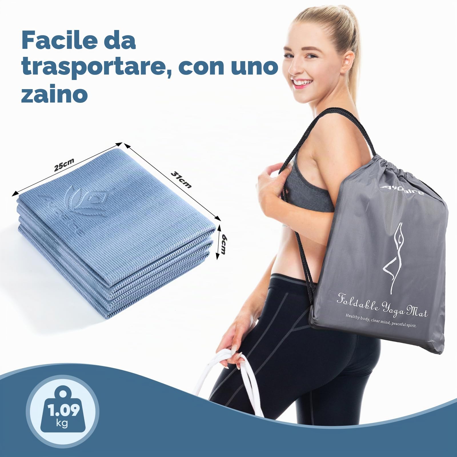 Avoalre Tappetino Yoga Antiscivolo Pieghevole, Tappetino Yoga da Viaggio Portatile in PVC Spesso 5mm Impermeabile per Fitness Esercizio Pilates Sport