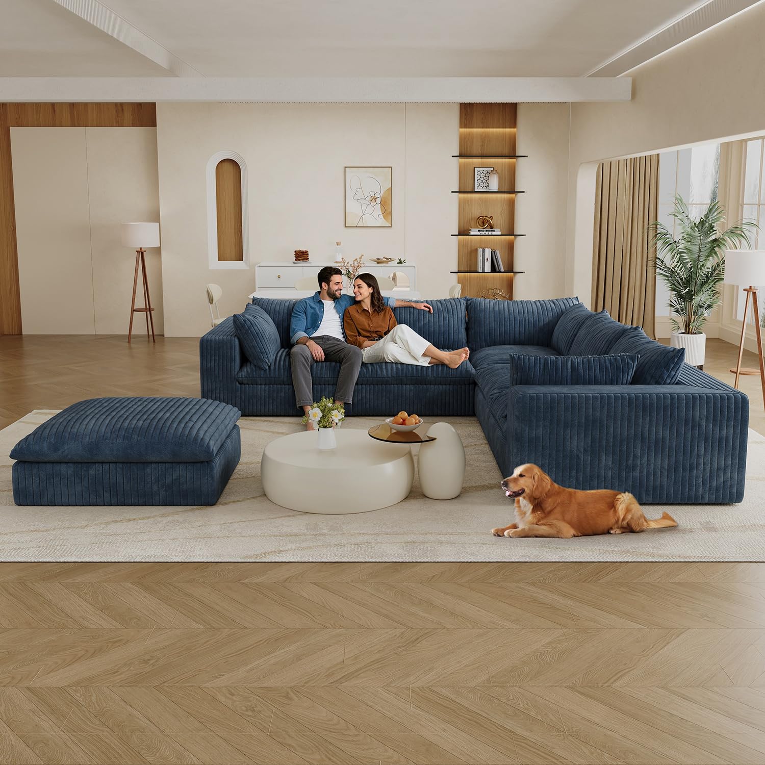 118.2" 6 - Seater Boneless Cloud Sofa - Modular Sectional Couches with Ottoman & Modern Deep Seat: Comfy Corduroy Upholstered Couch Furniture for