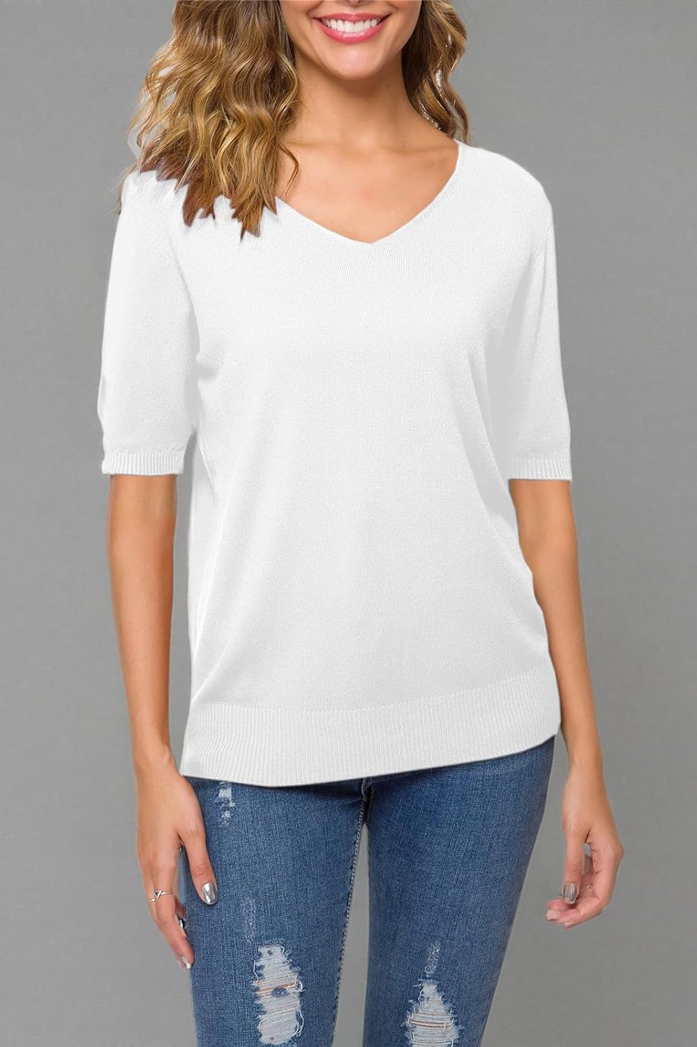 DAIMIDY Women's Short Sleeve V Neck Sweaters Casual Summer Sweater Lightweight Knit Pullover Tops - Image 9