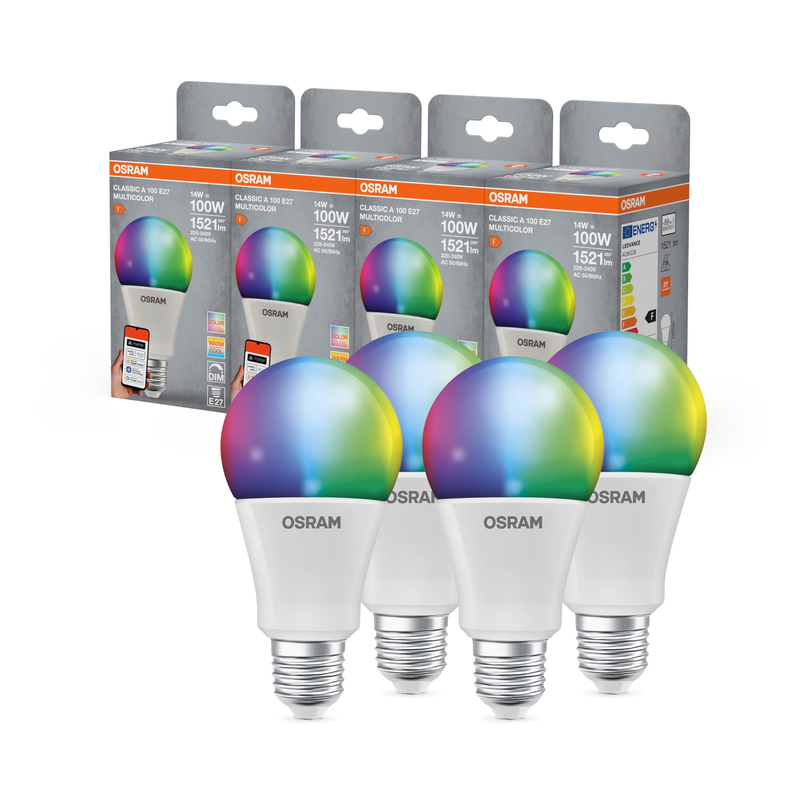 Osram OSRAM SMART+ RGBW, lampe LED E27 avec Matter over Wifi, spécialement conçue pour ALEXA - installation facile en un clic,remplace 100W, blanc chaud à blanc froid, 16 millions de couleurs RGB, pack de 4