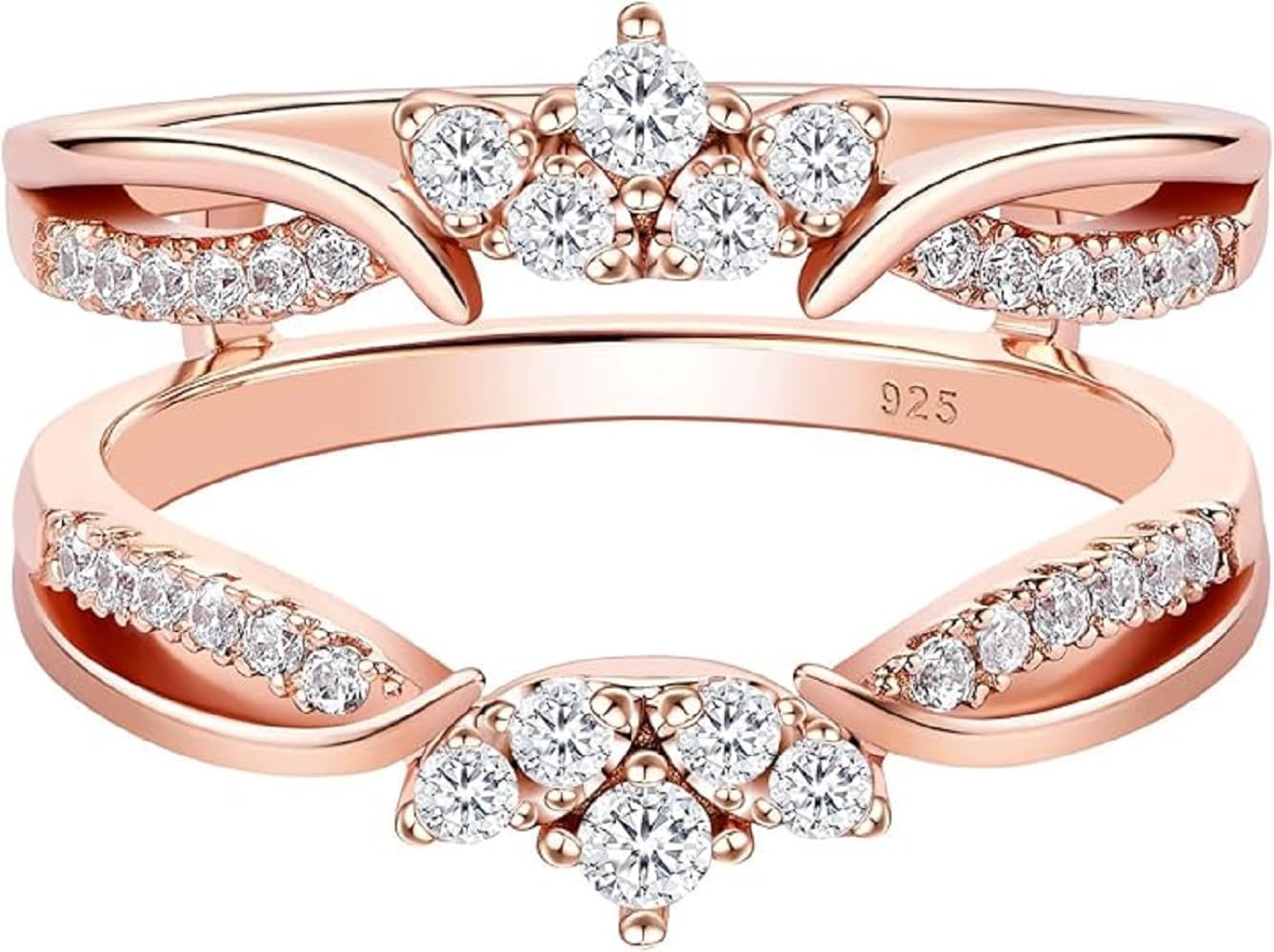 Round Cut White Diamond 14K Rose Gold Finish 925 Sterling Silver Double Row Wedding Enhancer Wrap Ring Guard for Women's