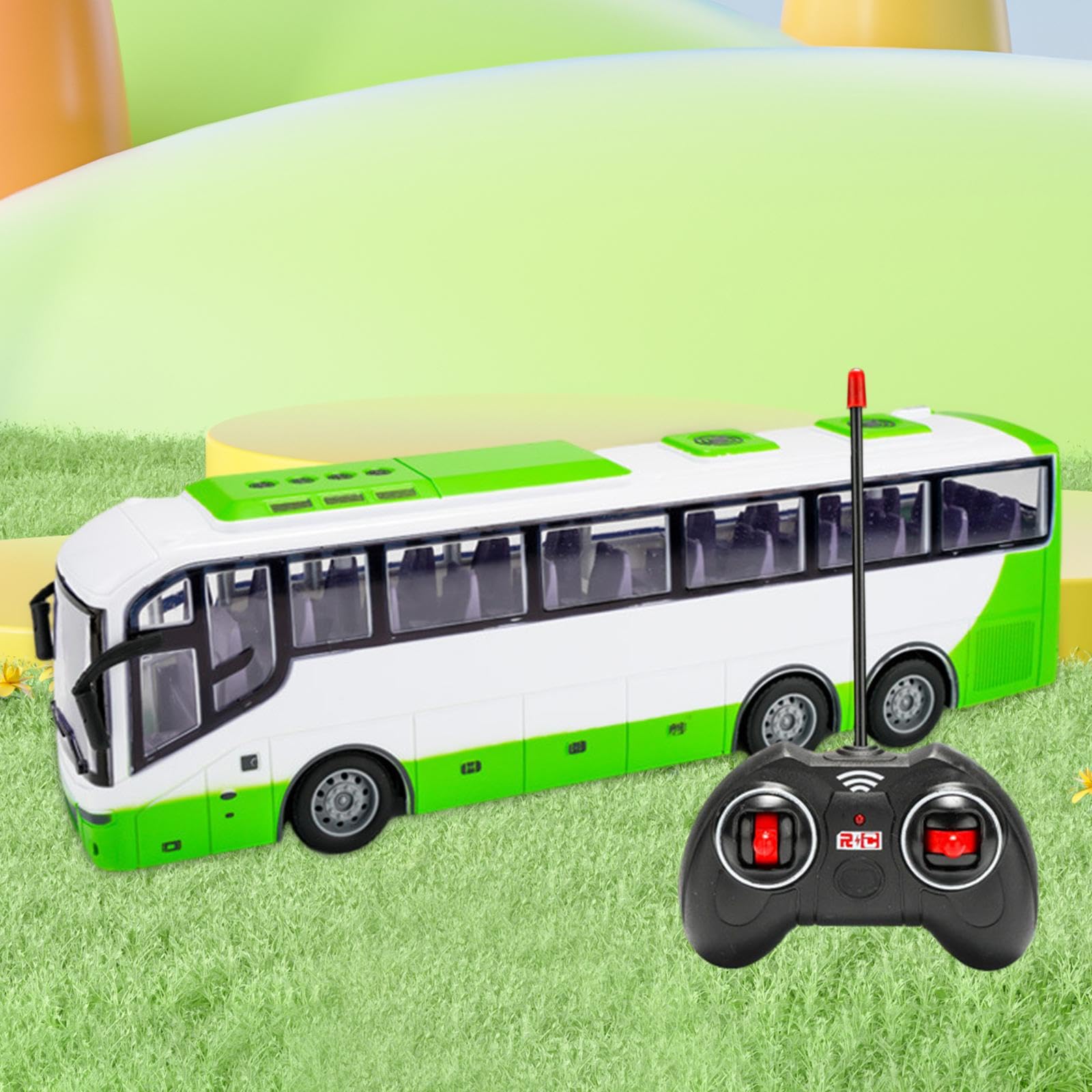 Autobús de Control Remoto Coche RC Vehículo Autobús de Ciudad Juguete RC con Luces LED Neumáticos de Goma Funciones Completa Y Alineación Ajustable Ad, Blanco Verde