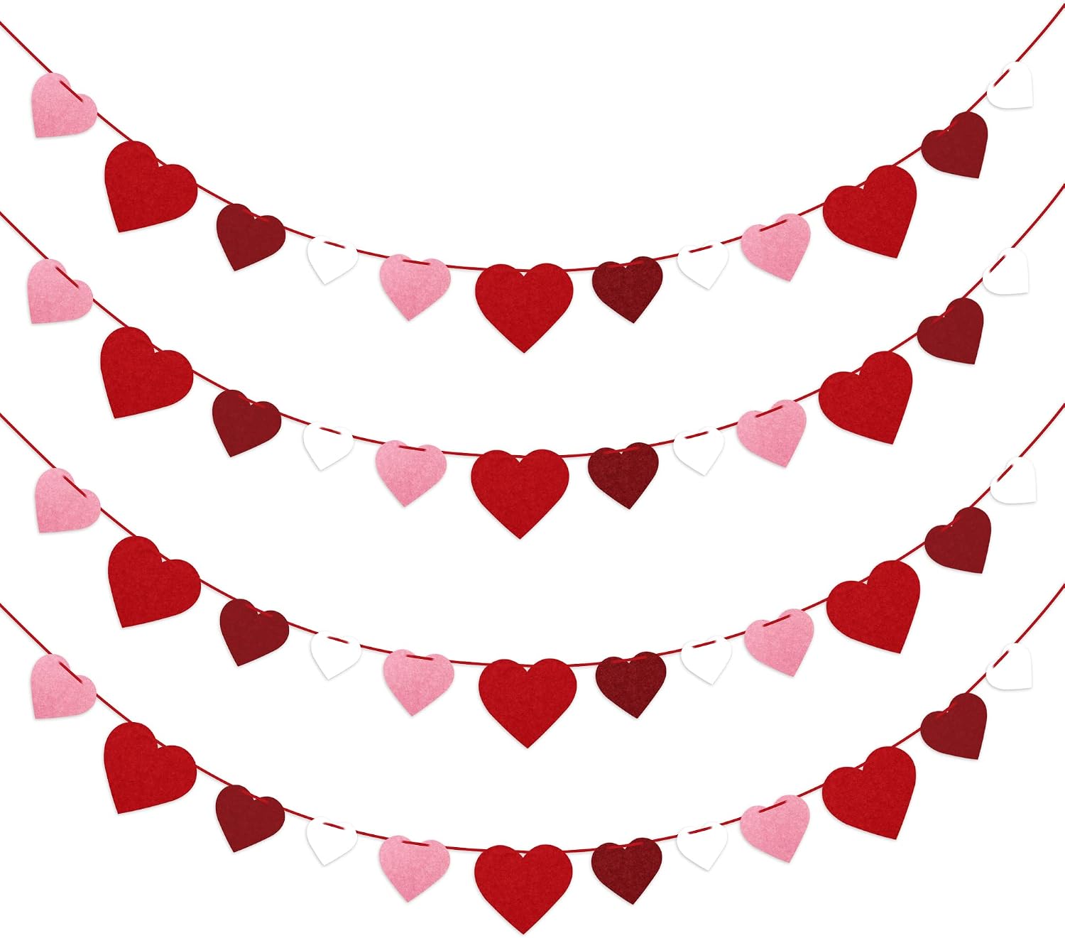 4Pcs Valentines Felt Heart Garland Banner- NO DIY- Valentines Decorations- Valentine Party Decorations Supplies- Valentines Burgundy Pink Red White Heart Garlands for Home Fireplace Mantle