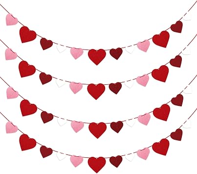 4Pcs Valentines Felt Heart Garland Banner- NO DIY- Valentines Decorations- Valentine Party Decorations Supplies- Valentines Burgundy Pink Red White Heart Garlands for Home Fireplace Mantle