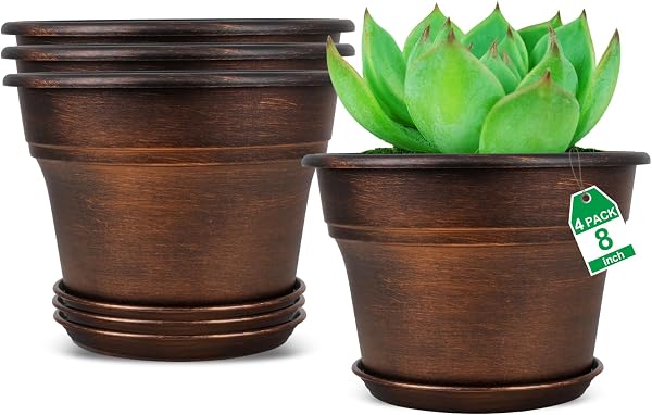 Plant Planters Pots Set of 4 Pack, Plastic Flower Pot for Indoor Plants with Drainage Holes & Trays, Resin Decorative Co