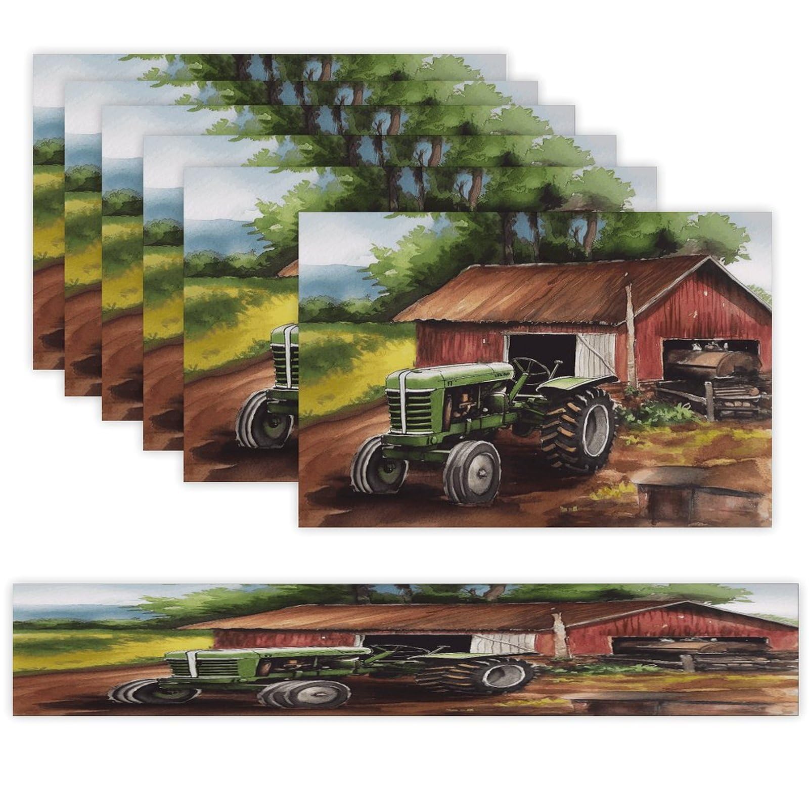 Tractor on The Farm Table Runner and Placemats of 6 Washable Heat Resistant Place Mats with Table Runner Vintage Holiday Table Mat Set for Holiday Party Kitchen Dining Deco