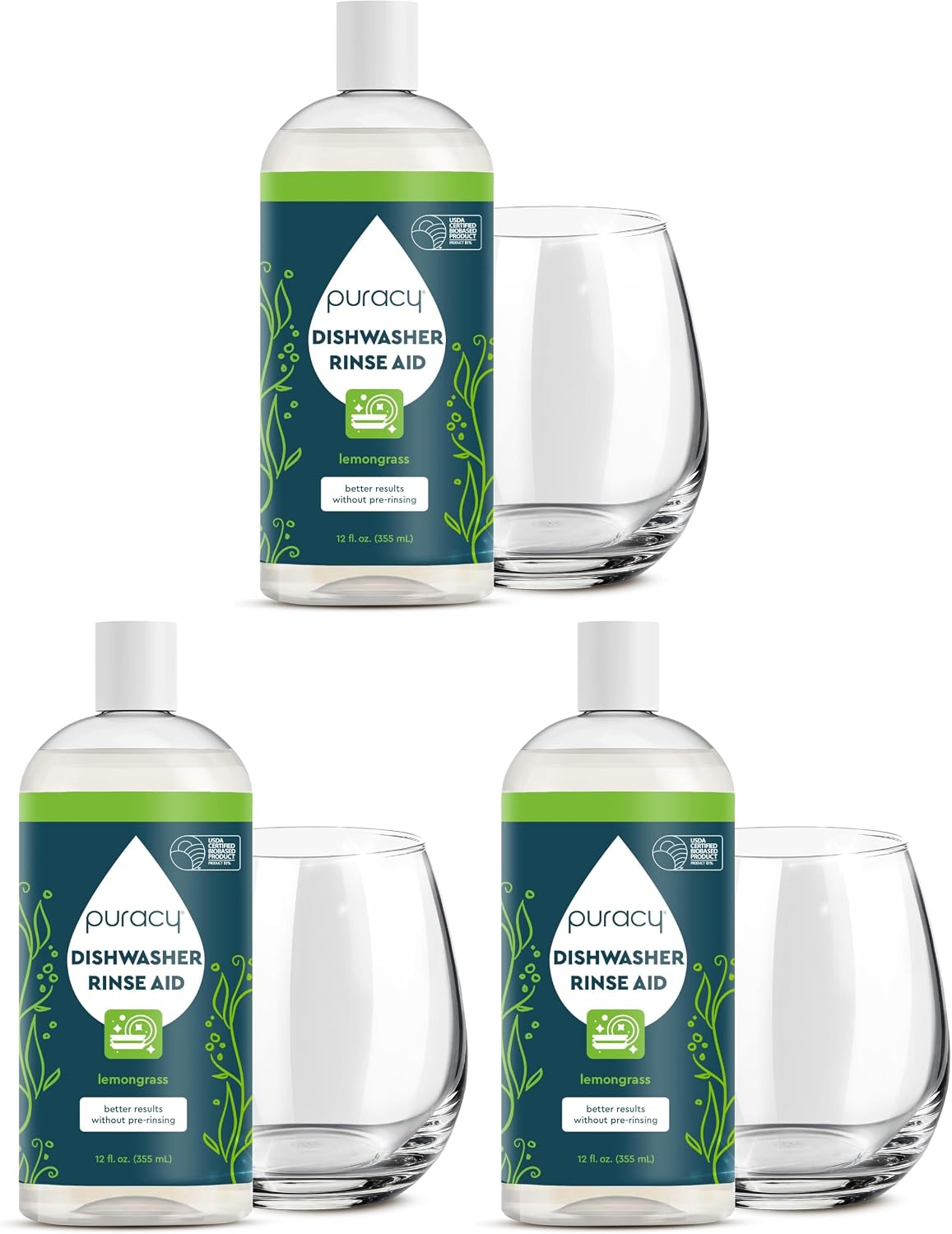Puracy Dishwasher Rinse Aid Cleaner - Spot & Residue Free, Dishwasher Drying Agent - Must Haves from TikTok Made Me Buy It (Lemongrass, 12 Oz) (Pack of 3)