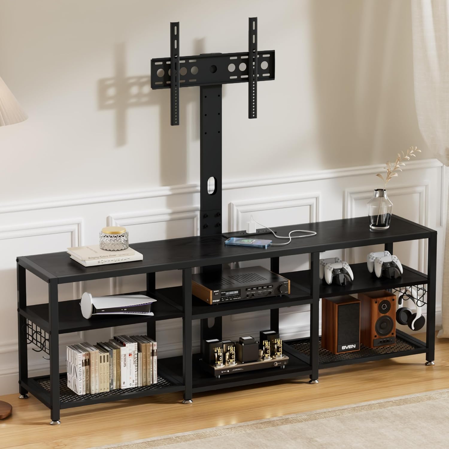 Assembled VECELO TV Stand with TV mount, showing shelves and power outlets