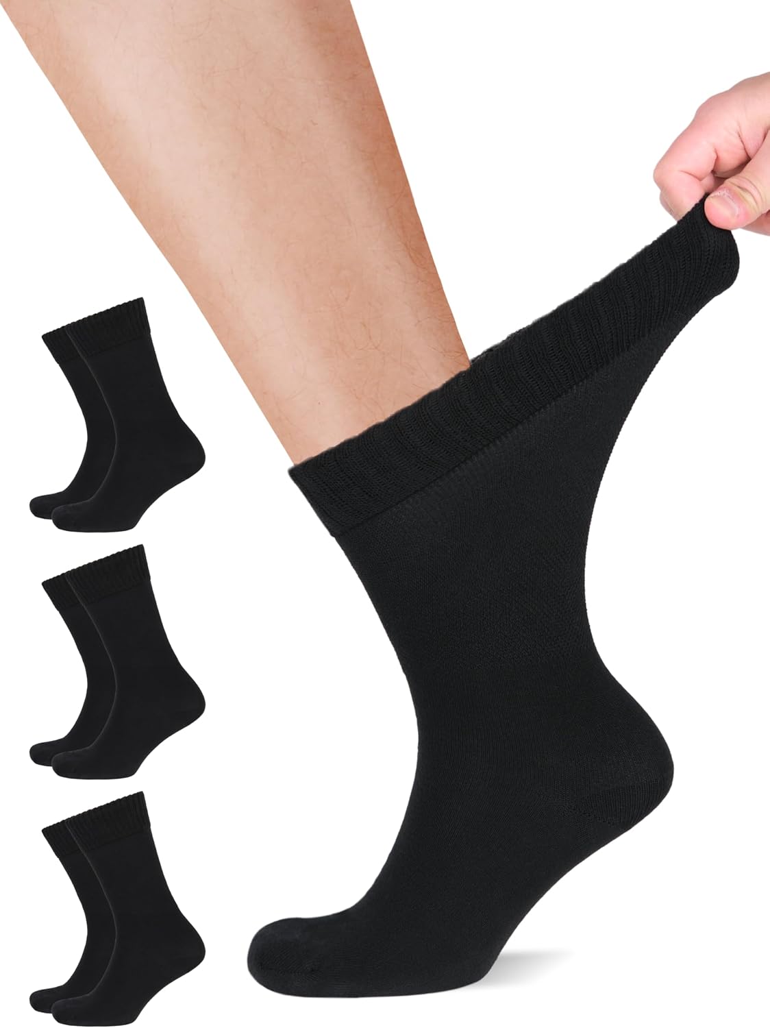 Mens Cotton Diabetic Crew Socks | Wide, Seamless, Non-Binding | Sizes:M (5-8), L (8-11), XL (11-13) | 3 Pairs